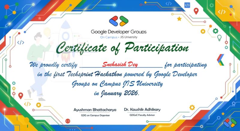 Techsprint Hackathon JIS University certificate