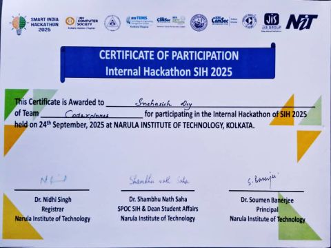 Smart India Hackathon certificate
